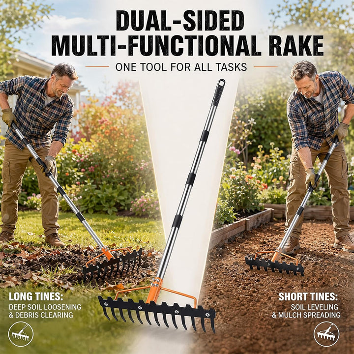 Gartenrechen, 1,6m Robuste Metall Gartenharke mit 17 Stahlzinken, Rasenharke zum Lockern von Boden u