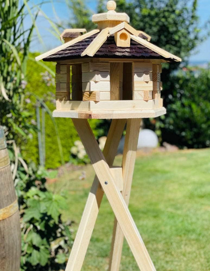 Sechseck Vogelhaus aus Holz L - XL Futterstelle mit und ohne Ständer handgefertigt (L mit Ständer, B