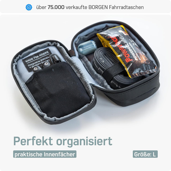 Borgen Satteltasche Fahrrad, schwarz, wasserabweisend, 128g, Grösse L | Mit stabiler Befestigung, re