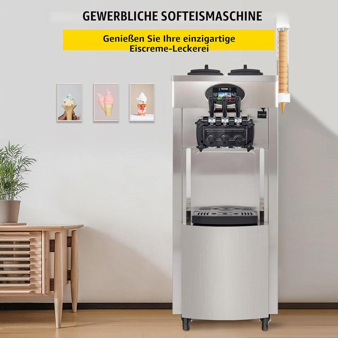 Kommerzielle Eismaschine, 20–28 L/h Leistung, 2200 W, Freistehende Softeismaschine mit 3 Geschmacksr