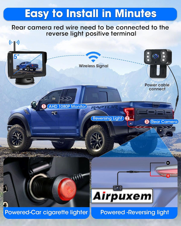 【Stabiles Bild】 AHD 1080P Rückfahrkamera Kabellos, Rückfahrkamera Funk mit 5 Zoll RückfahrKamera Mon