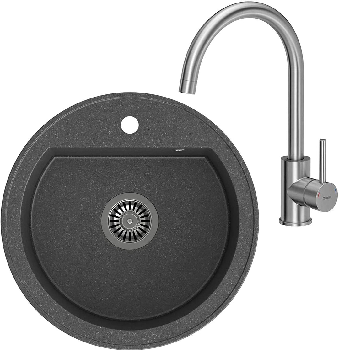 VBChome Spüle Spülbecken Granit 51 cm Einzelbecken Einbauspüle gesprenkelt + Siphon Waschbecken + Wa