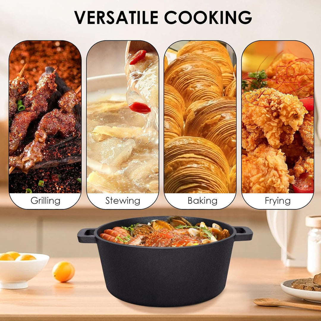 Todeco 26cm Gusseisen Bräter mit Deckel backofengeeignet, 5L 2in1 Gusseisen Topf inkl. Rezeptbuch, B