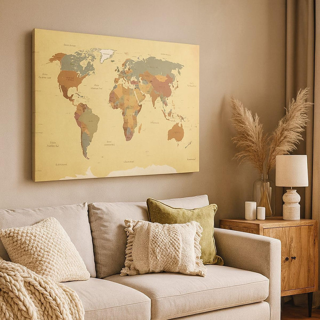 Bilder auf Leinwand Karte Welt Land Leinwandbild mit Rahmen 70x50cm Wandbilder Dekoration Wohnzimmer