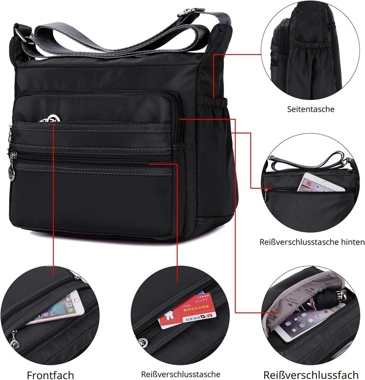 NOTAG Umhängetasche Damen, Wasserdicht Nylon Schultertasche Mehrfachtasche Handtasche mit RFID Geldb