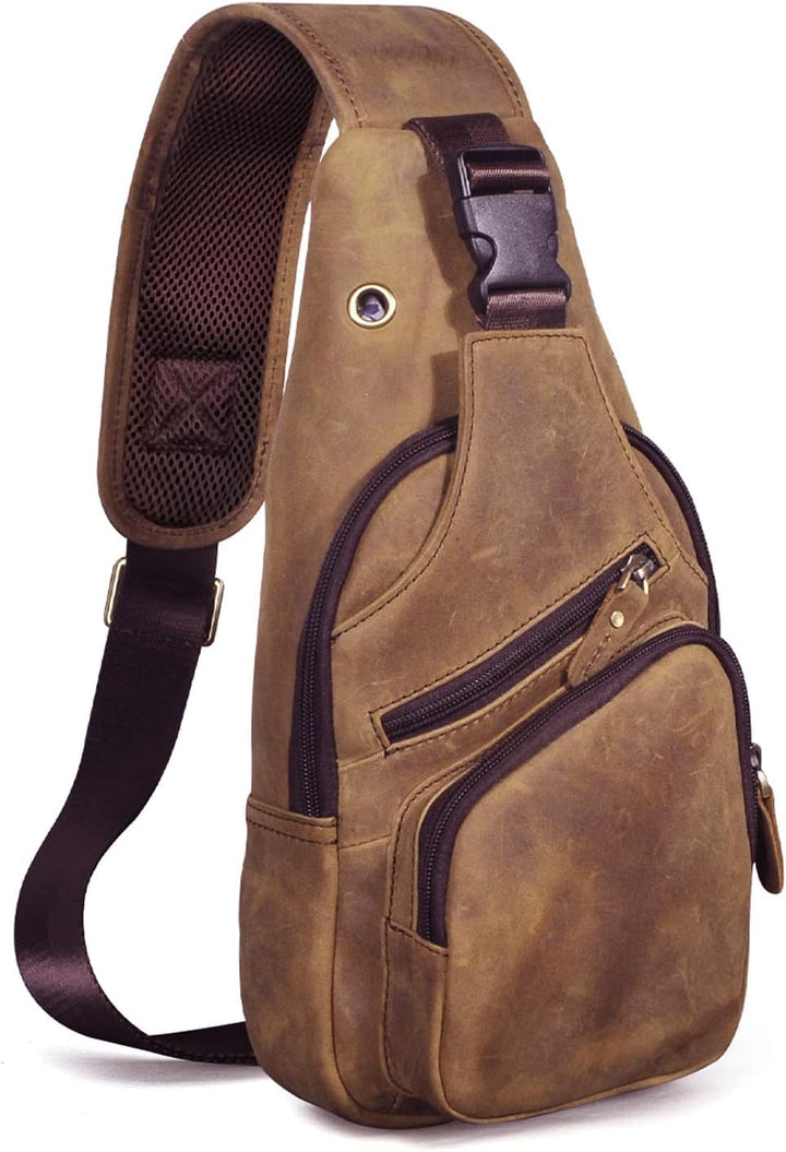Le'aokuu Herren Echtes Leder Brusttasche Umhängetasche Sport Outdoor Messenger Bag Wanderrucksäcke（8