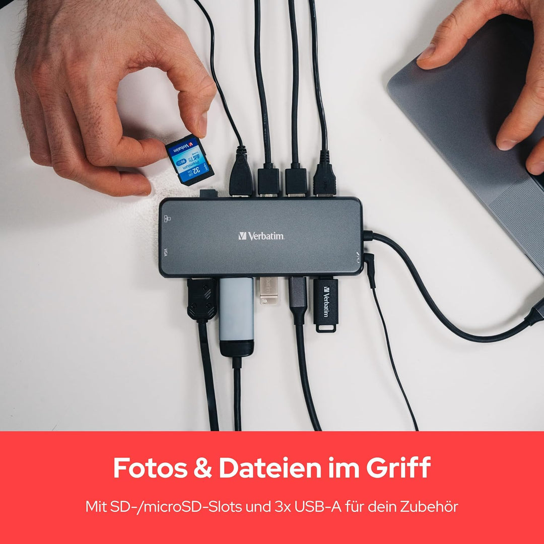 Verbatim USB C Hub 14-in-1, Multiport Adapter USB-C auf HDMI, VGA, RJ45, USBA-A und USB-C PD, mit SD