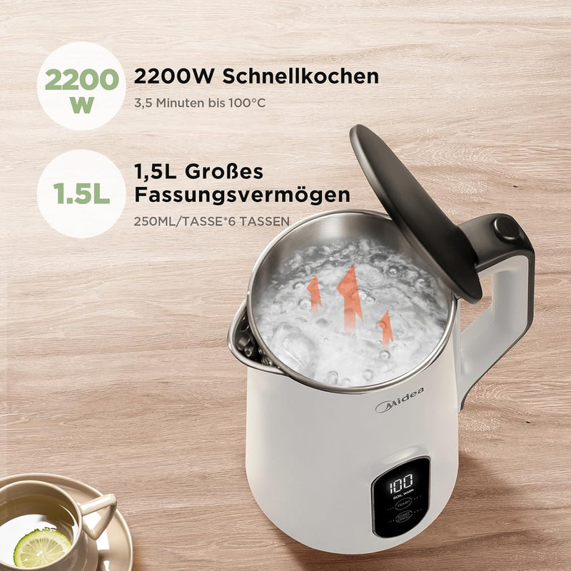 Midea Wasserkocher mit Temperatureinstellung, 1,5 Liter, 2200W Doppelwand, wasserkocher weiss, Teeko