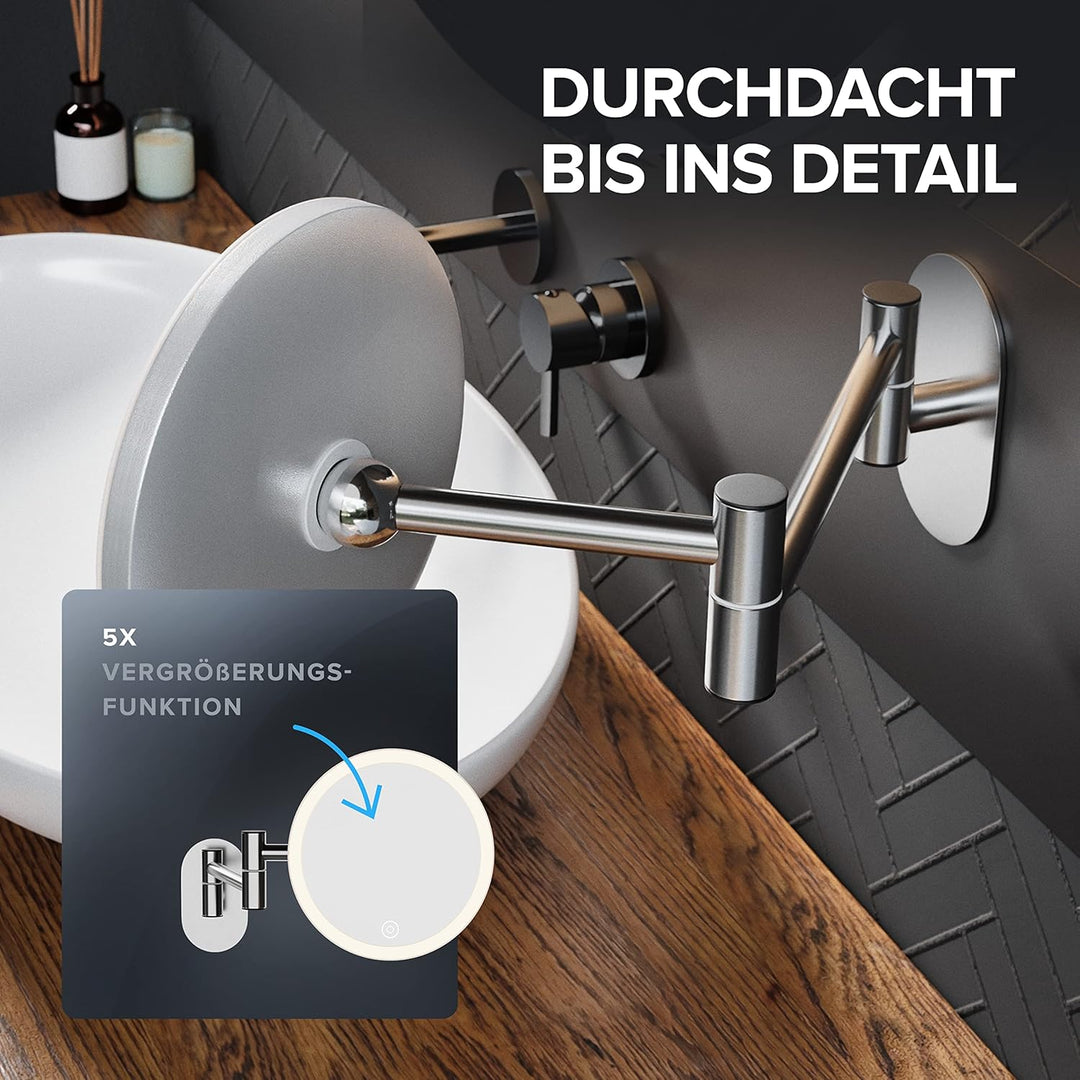 ovimar Kosmetikspiegel Vorupor Silber | mit Beleuchtung | wiederaufladbar | Wandmontage ohne Bohren