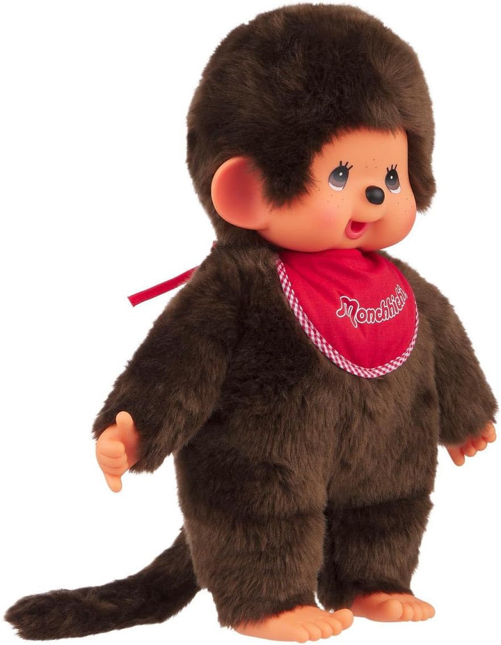 Sekiguchi 255410 - Original Monchhichi Junge, Plüschtier mit rotem Lätzchen und Zöpfen mit Schleifen
