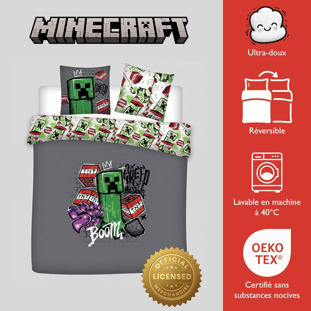 Parure de lit double réversible Minecraft - 220 cm x 240 cm