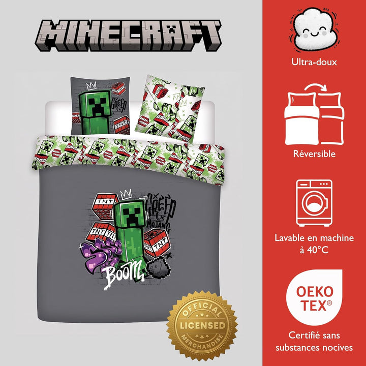 Parure de lit double réversible Minecraft - 220 cm x 240 cm