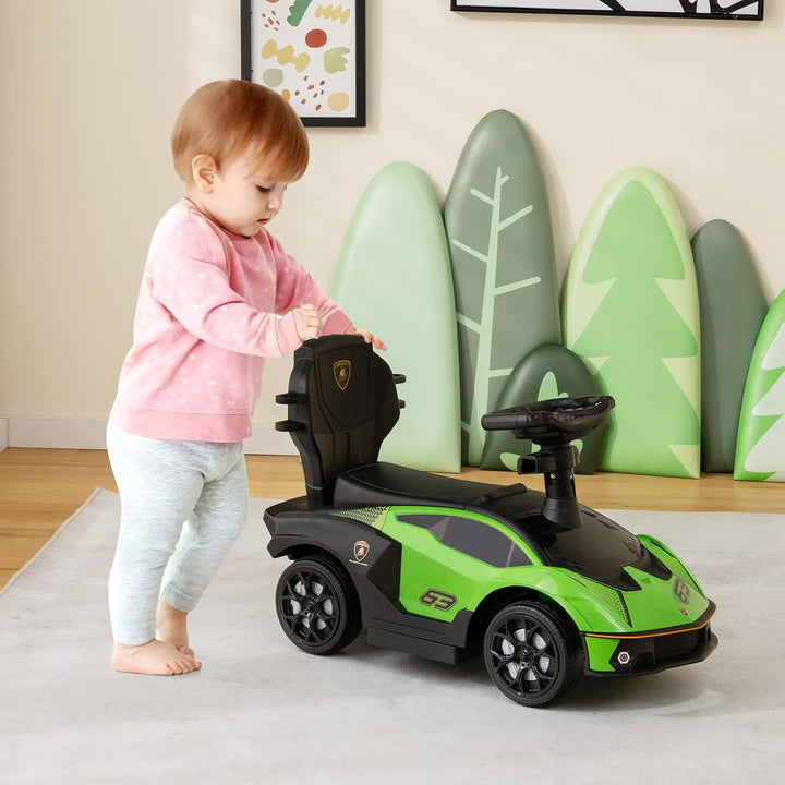 GOPLUS Rutschauto Lamborghin, 3 in 1 Rutschfahrzeug mit Schiebegriff, Schutzgeländer, Stauraum unter
