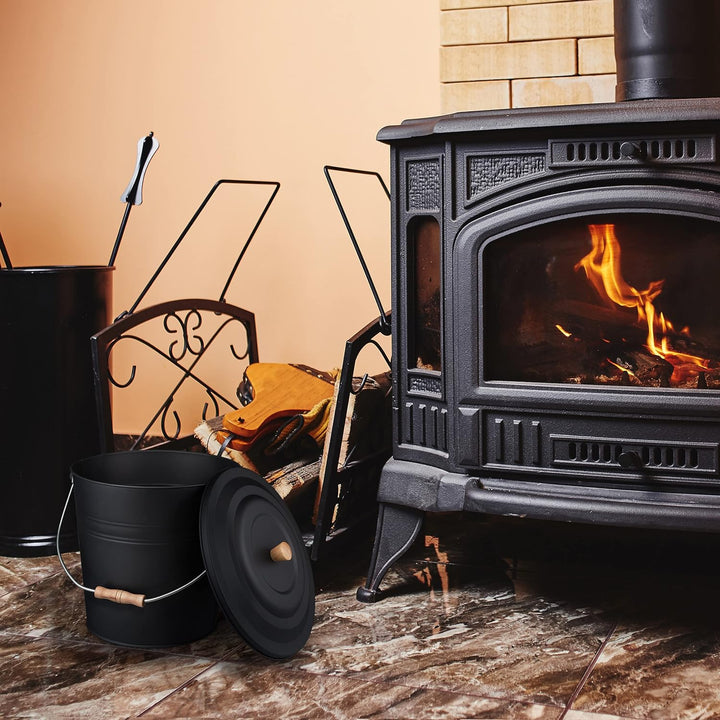 Relaxdays Ascheeimer mit Deckel, 12 L, Kamineimer, Stahl & Holz, Aschebehälter mit Henkel, Kamin, Of