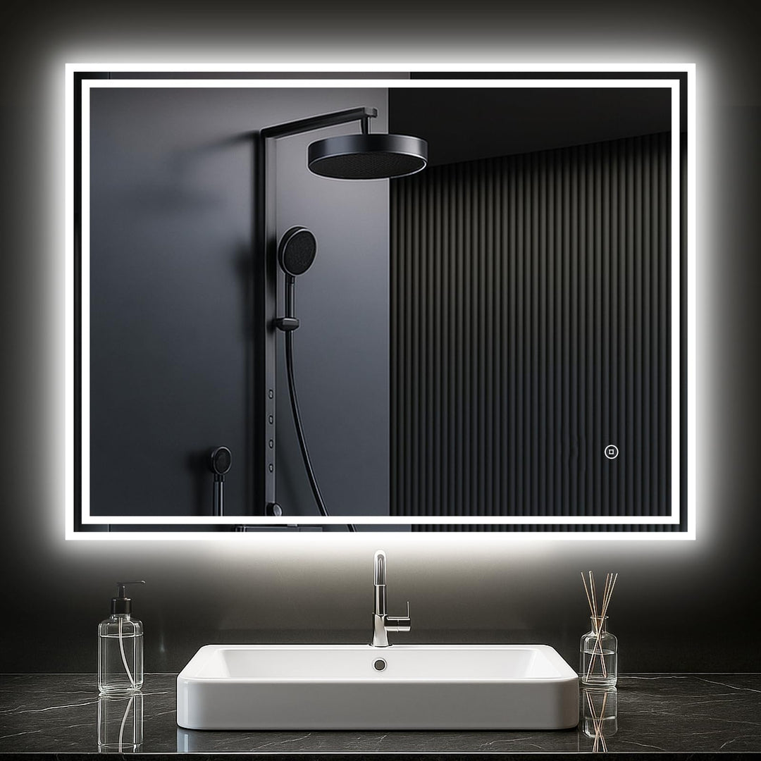 LED Badspiegel mit Beleuchtung – Badezimmerspiegel mit 3 Lichtfarben, Dimmbar, Anti-Beschlag, Touch/
