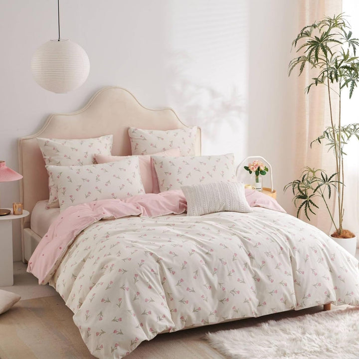 Baumwolle Bettwäsche Set 135x200cm 2teilig Weiss Rosa Grün Blumen Floral Bettwäsche Blumenmuster Mäd