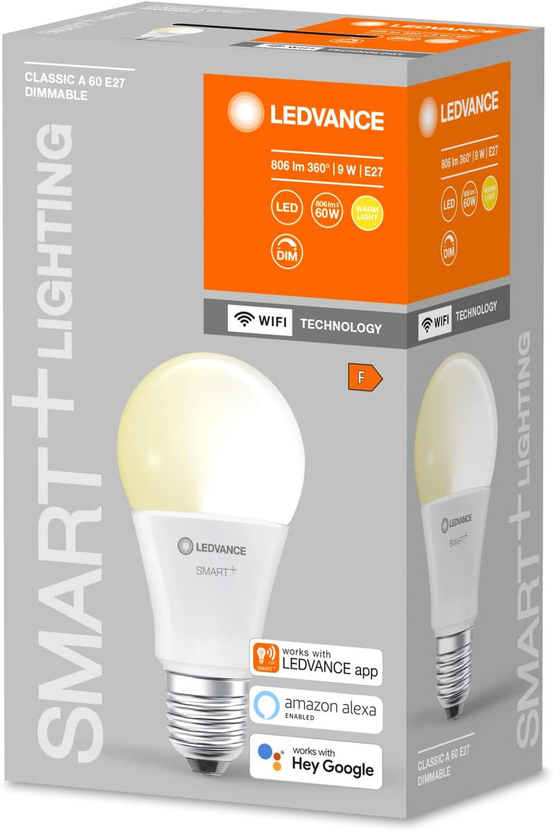 LEDVANCE Smarte LED-Lampe mit WiFi Technologie, Sockel E27, Dimmbar, Warmweiss (2700 K), ersetzt Glü