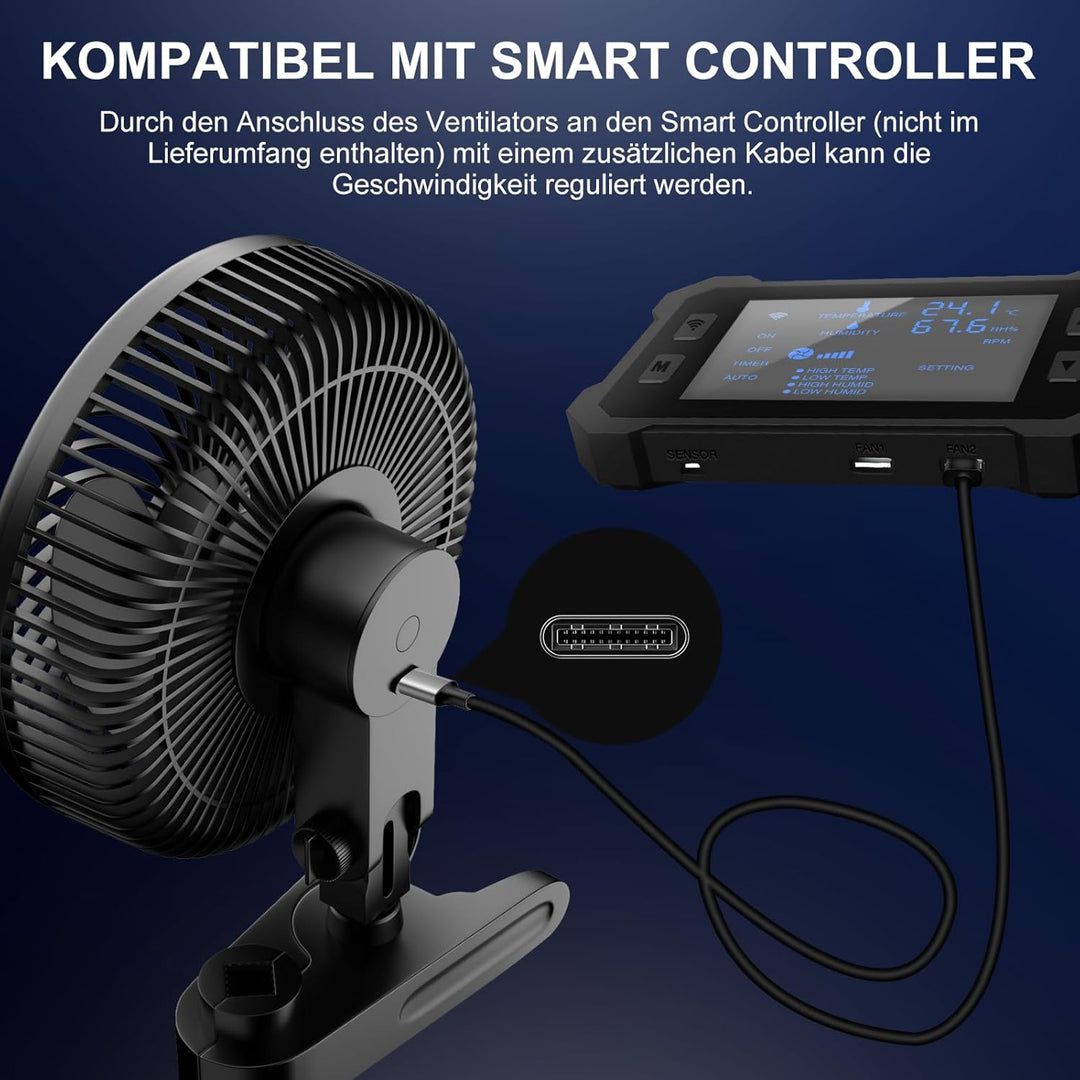 FanGoFast Grow Ventilator mit Clip EC-Motor, 10 Geschwindigkeitsstufen, Grow Clip-Ventilator Klemmba