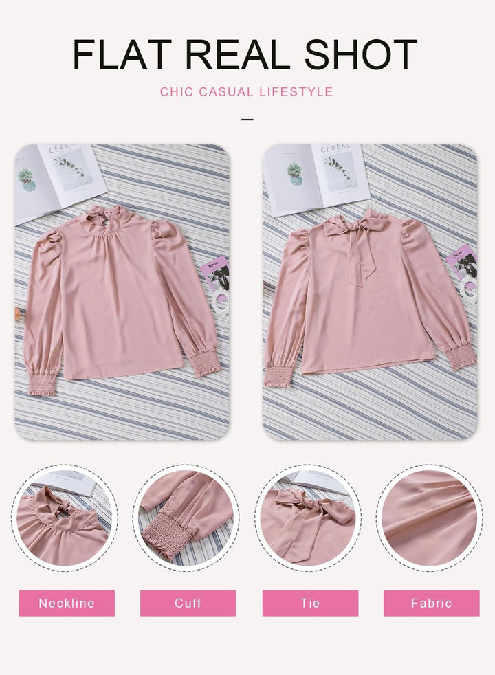 Dokotoo Damen Bluse Elegant Business Chiffonbluse Einfarbig Stehkragen Puffärmel Oberteil Tops S-XXL