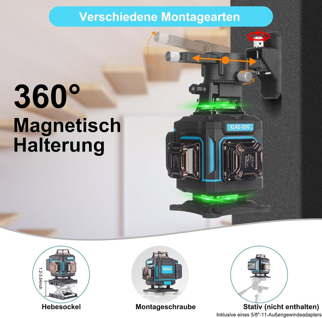 KEZERS Kreuzlinienlaser Grün 4x360°, Selbstnivellierend Laser Wasserwaage 16 Linien, Kreuzlaser mit