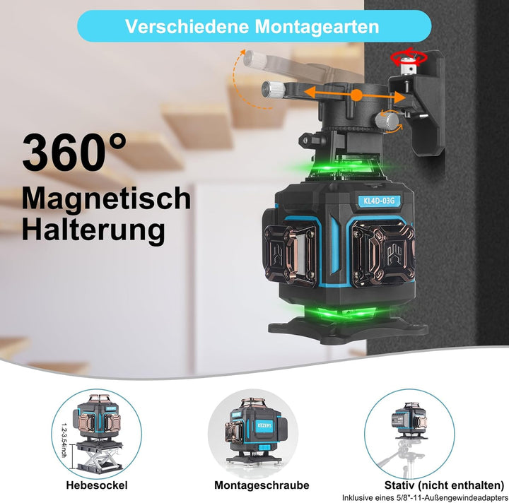 KEZERS Kreuzlinienlaser Grün 4x360°, Selbstnivellierend Laser Wasserwaage 16 Linien, Kreuzlaser mit