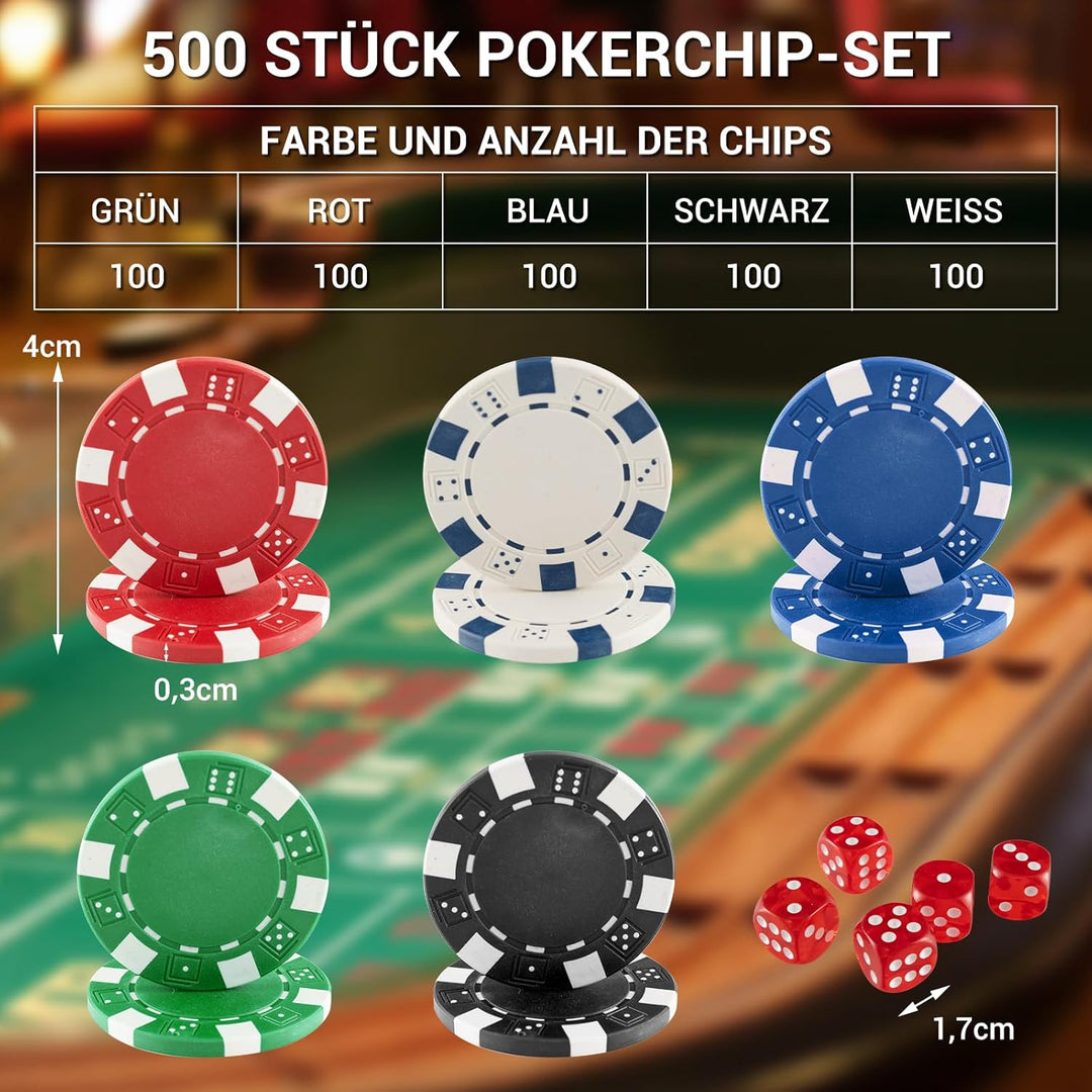 DREAMADE Ultimate Pokerset mit 500 Chips/ 2 Poker Set/ 5 Würfel/Koffer/Spieltuch/ 5 Dealer Buttons,