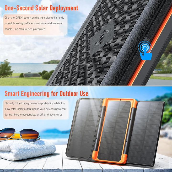 63200mAh Solar Power Bank, Wireless Powerbank mit 3 Solarpanel Faltbar, 22.5W PD Schnellladung, 5 An