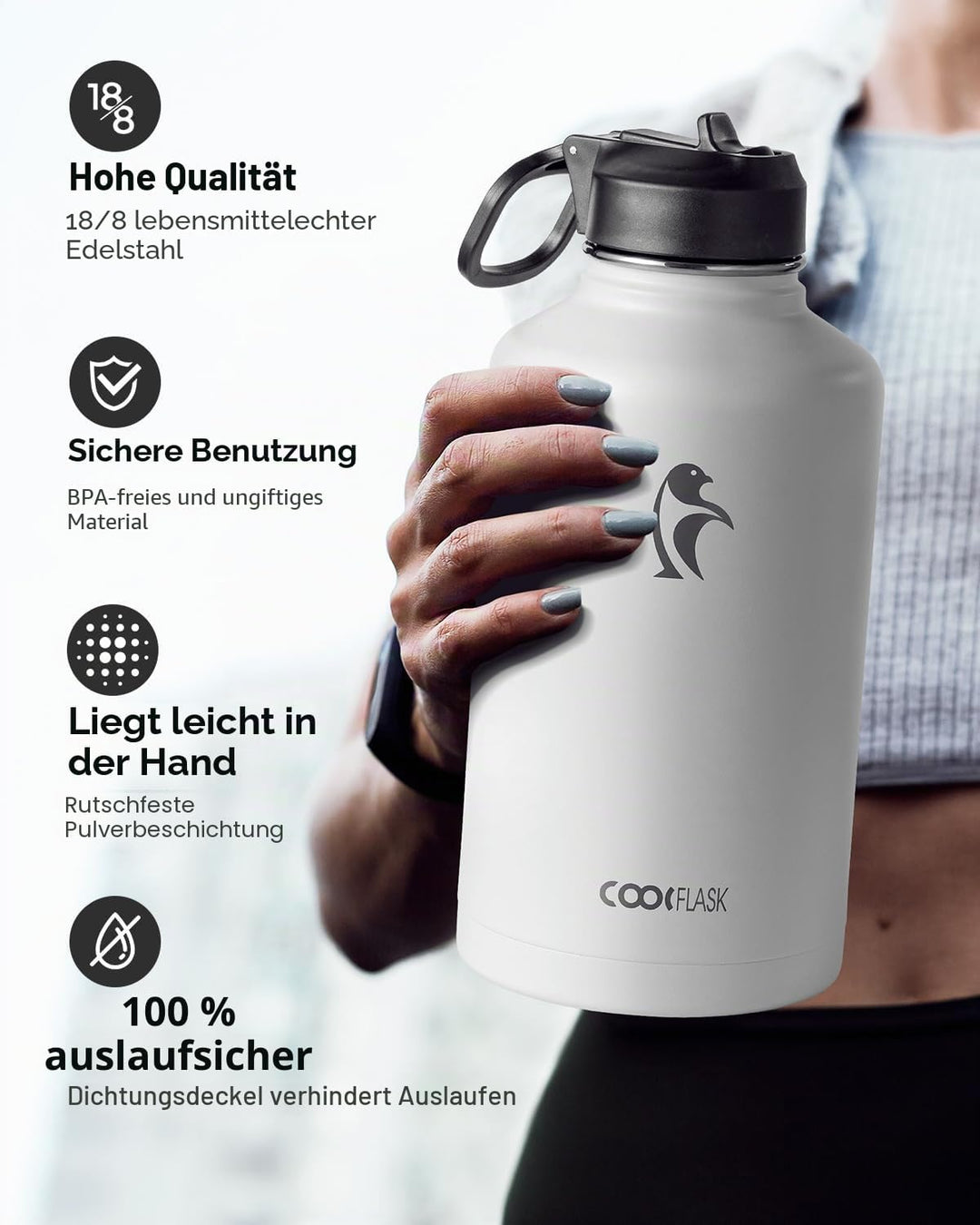 Coolflask Isolierte Wasserflasche mit Strohhalm und 3 Deckeln, 1,8 l Wasserkrug, grosser Metall-Edel
