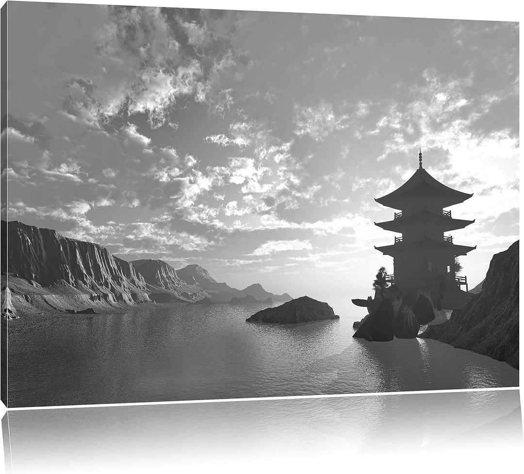Pixxprint Tempel in grossem Tal B&W / 100x70cm Leinwandbild bespannt auf Holzrahmen/Wandbild Kunstdr