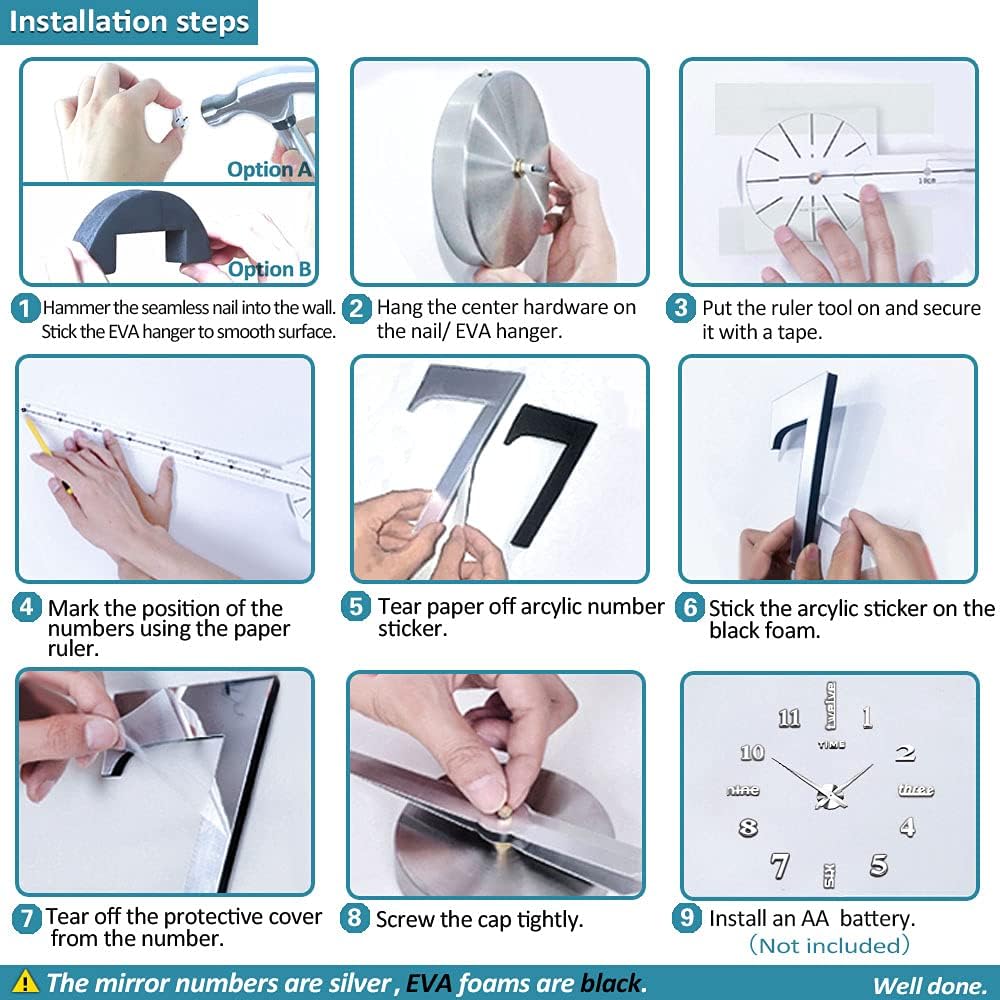 Mintime Mute DIY rahmenlose grosse Wanduhr arabische Ziffern 3D Spiegel Aufkleber Home Office Dekora
