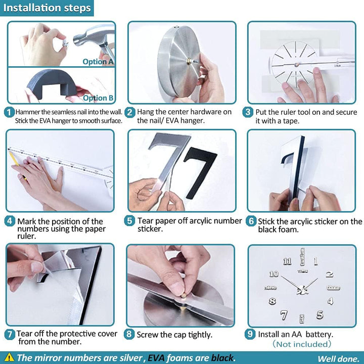 Mintime Mute DIY rahmenlose grosse Wanduhr arabische Ziffern 3D Spiegel Aufkleber Home Office Dekora