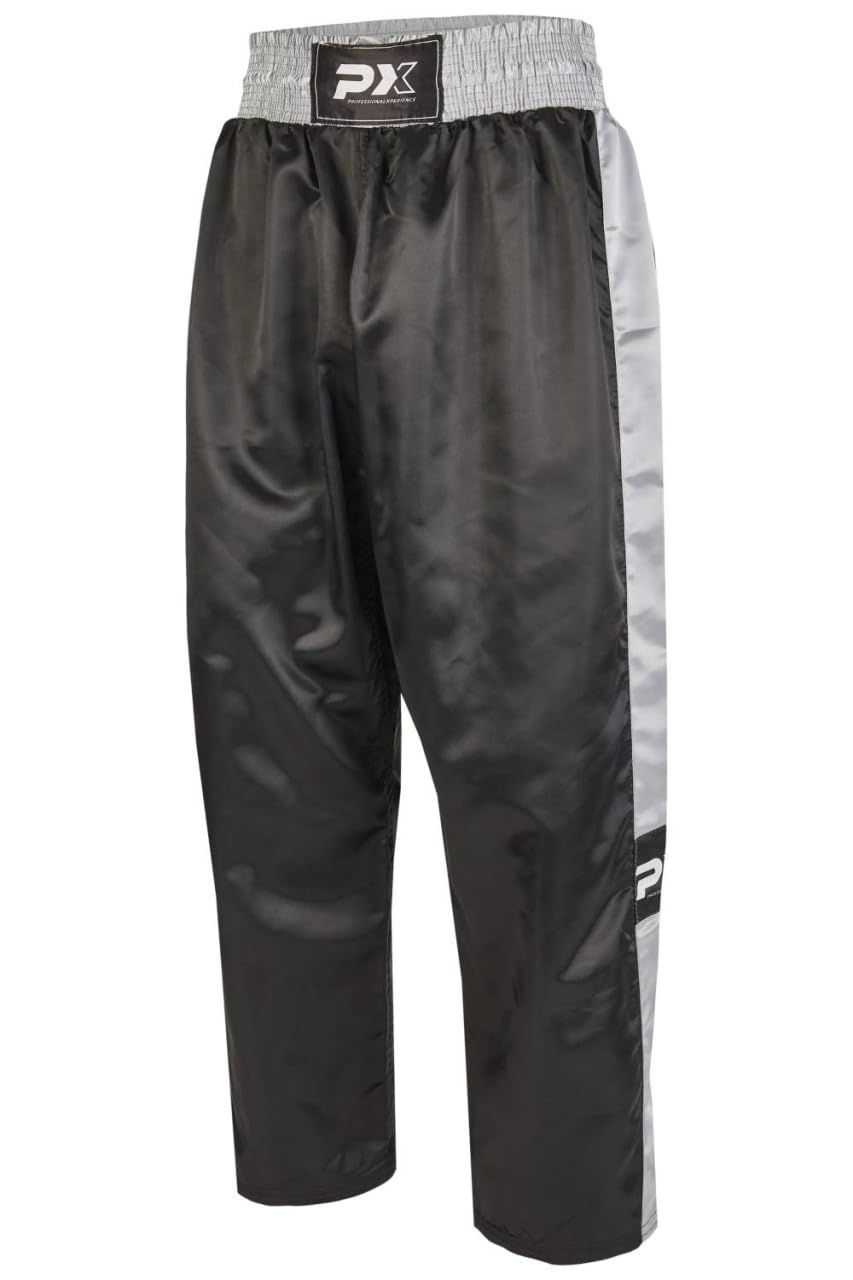 Kickboxhose PX Topfight - schwarz-grau mit Gummibund - Kickboxing Kampfsport Hose lang - Grösse 120
