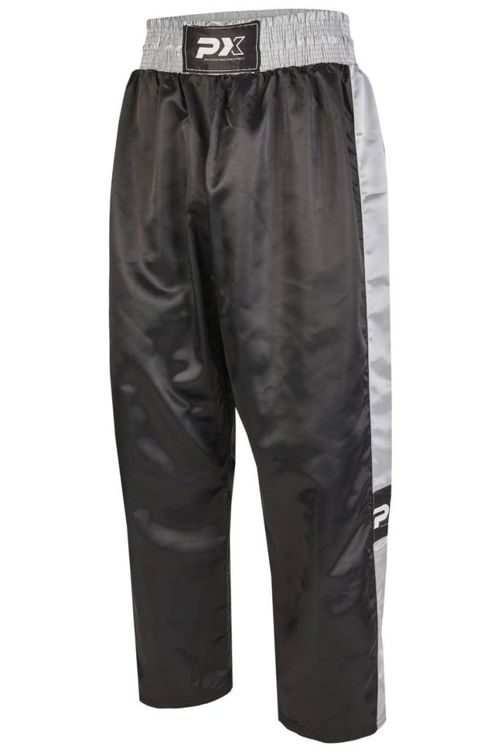 Kickboxhose PX Topfight - schwarz-grau mit Gummibund - Kickboxing Kampfsport Hose lang - Grösse 120