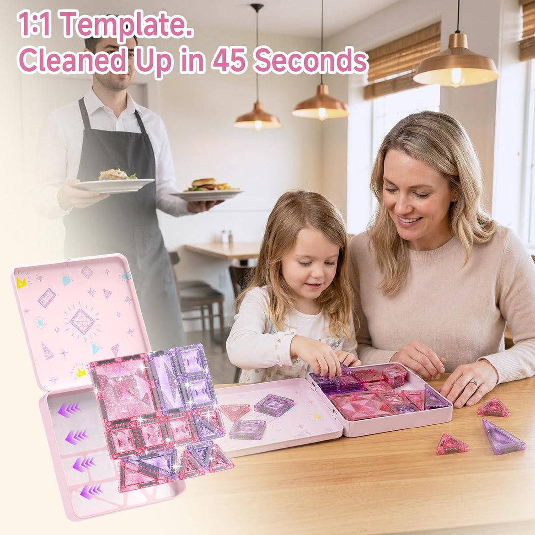 burgkidz Magnetische Bausteine Reisespielzeug für Mädchen: 42 Teile Glitzer Diamant Magnetische Tile