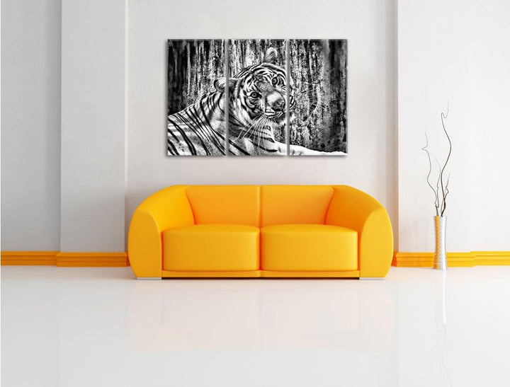 Pixxprint Monocrome, Neugieriger Tiger 3-Teiler Leinwandbild 120x80 Bild auf Leinwand