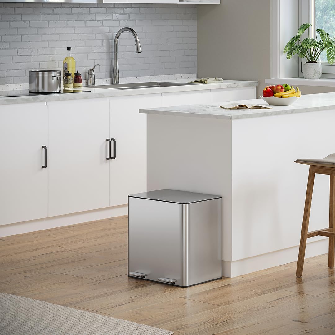 STEELSØN Gloas Mülleimer 2 Fächer – Mülltrennsystem Küche 2x15 L aus Edelstahl Silber – Tretmülleime