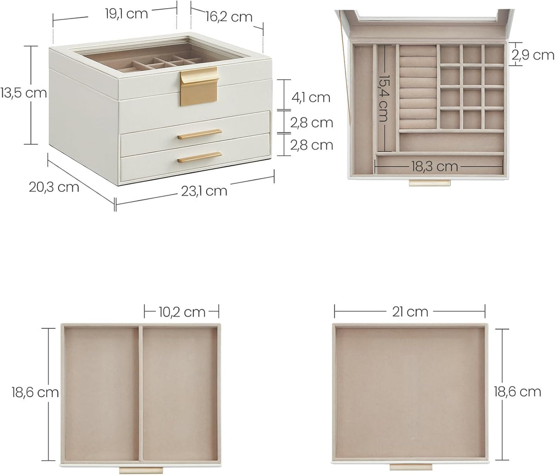 SONGMICS Schmuckkästchen mit Glasdeckel Schmuckkasten mit 3 Ebenen, Schmuckbox mit 2 Schubladen, Sch