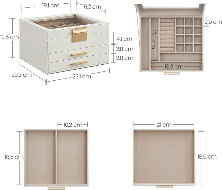SONGMICS Schmuckkästchen mit Glasdeckel Schmuckkasten mit 3 Ebenen, Schmuckbox mit 2 Schubladen, Sch