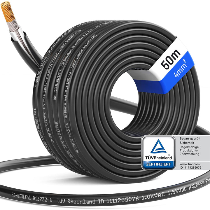 hb-digital 50m Solarkabel 4mm² H1Z2Z2-K TÜV Rheinland geprüft UV-beständig flexibel PV Kabel Reines