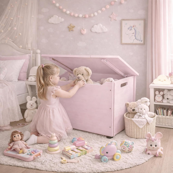 Pinus Spielzeugkiste 90x48x51 cm mit Deckel Rollen Kinderzimmer Rosa | Kiefernholz, grosse Aufbewahr
