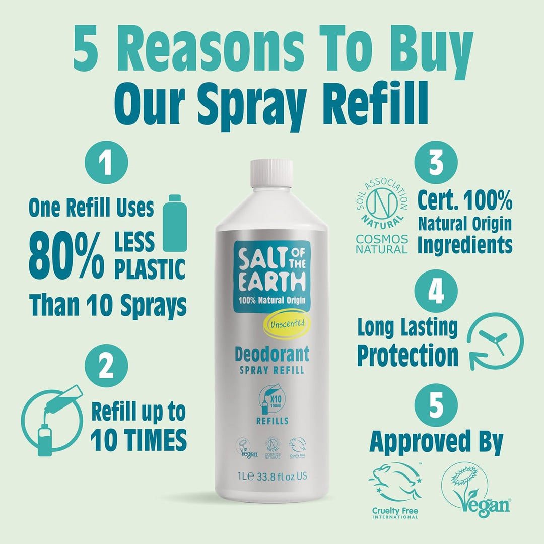 Salt Of the Earth Natural Deodorant Spray Nachfüller, ohne Duft, ohne Duft, vegan, langanhaltender S