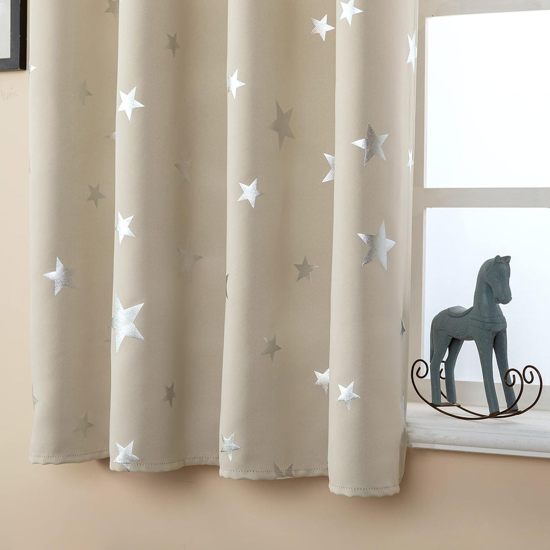 GIRASOLE HOME® Paar weiche Verdunkelungsvorhänge, Motiv: silberfarbene Sterne, weicher Vorhang für I