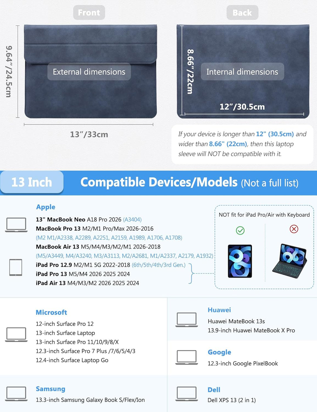 HYZUO 13 Zoll Laptop Hülle mit Standfunktion für 2026-2018 MacBook Air 13 M5 M4 M3 M2 M1, 2026 13" M