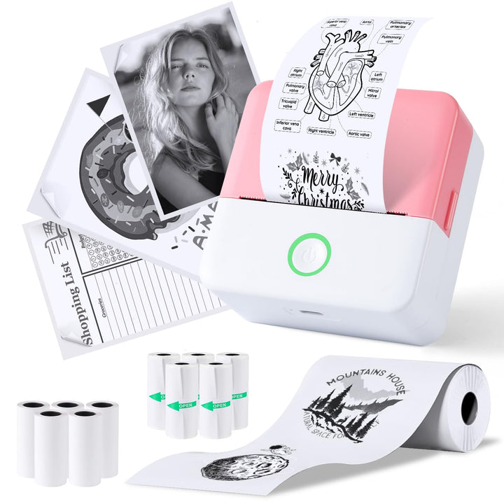 PRAOAHEI Mini Drucker, Tragbarer Fotodrucker mit 10 Rollen Druckerpapier, Bluetooth-Etikettendrucker