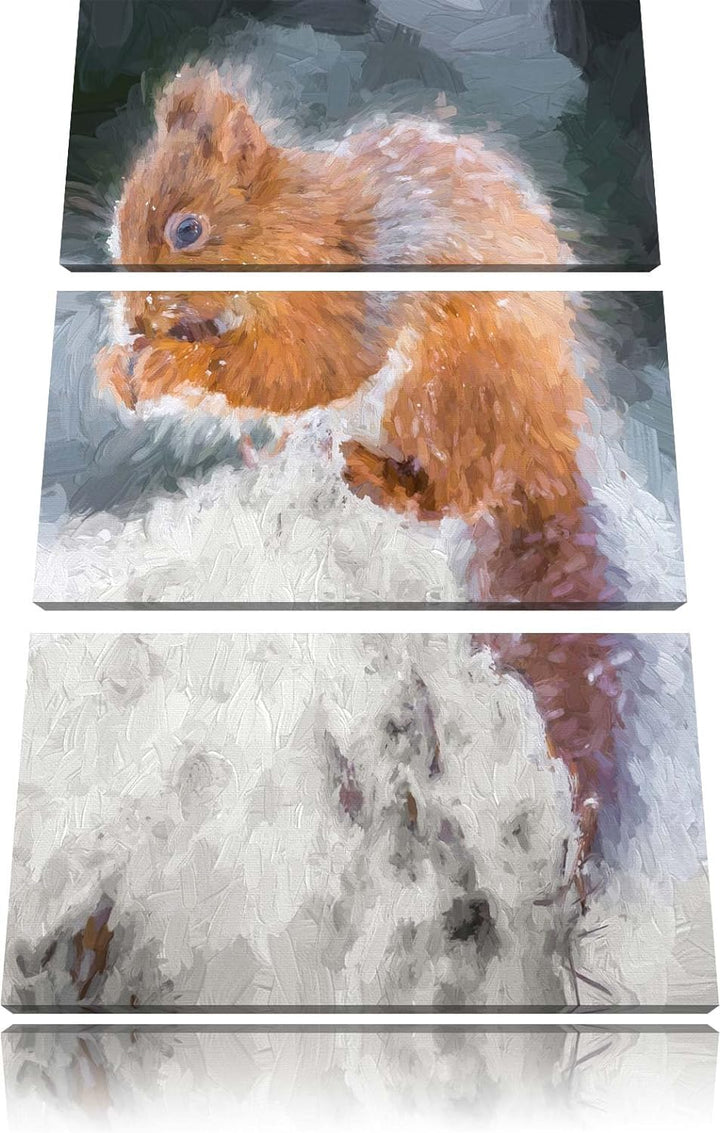 Pixxprint Kleines Eichhörnchen im Winter Pinsel Effekt 3-Teiler Leinwandbild 120x80 Bild auf Leinwan