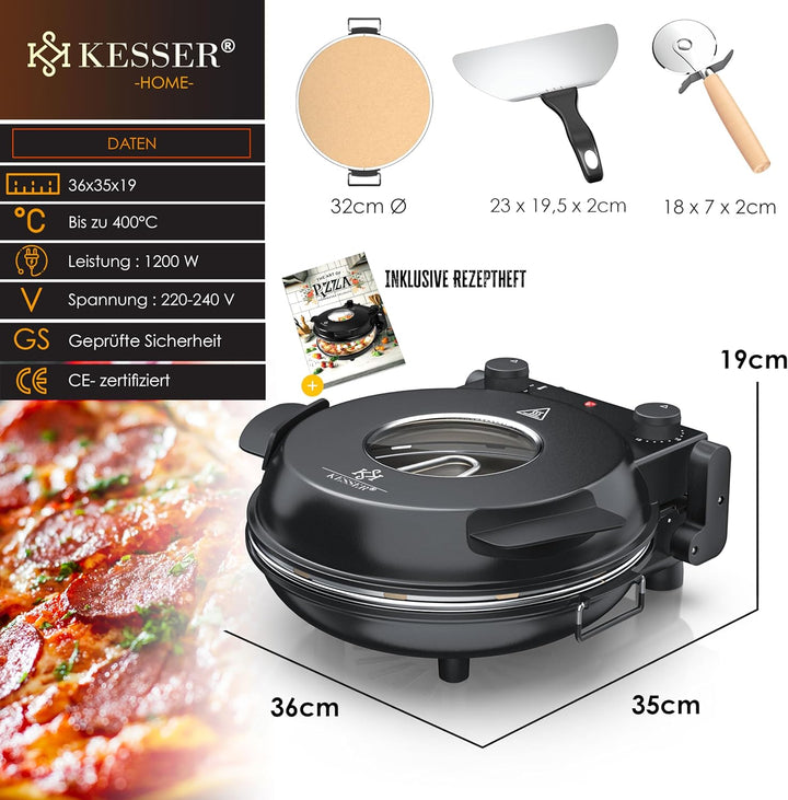 KESSER® Pizza-Ofen elektrisch bis 400 Grad | Elektrischer Pizzabäcker 1200W mit feuerfester Steinpla