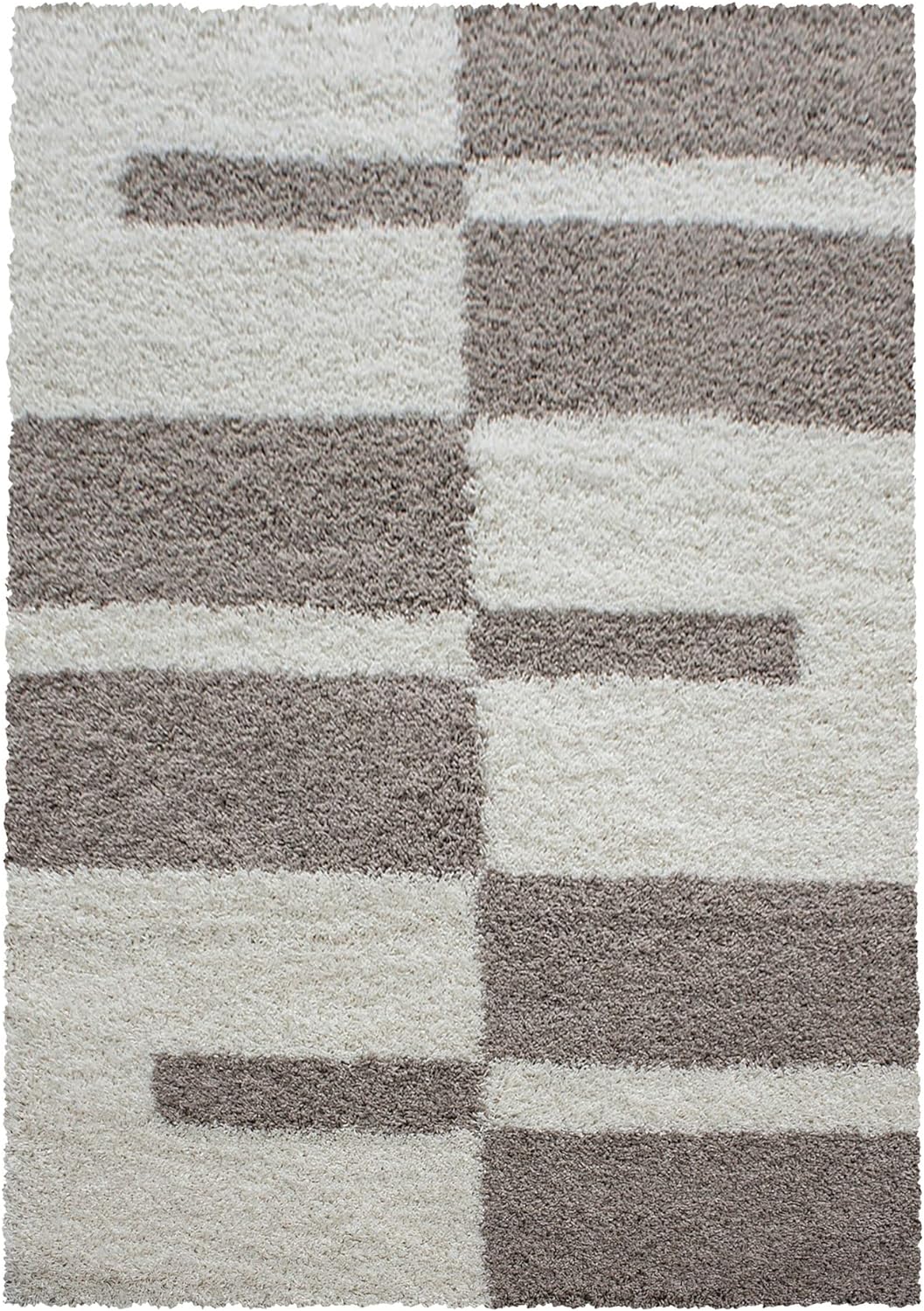 Carpetsale24 Teppich Wohnzimmer Moderne Kariert Design Shaggy Flokati 280 x 370 cm Beige-Creme - Hoc