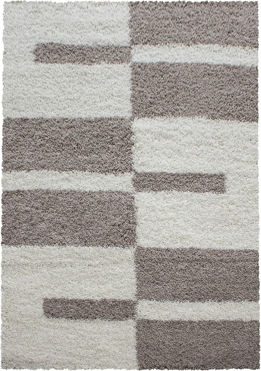 Carpetsale24 Teppich Wohnzimmer Moderne Kariert Design Shaggy Flokati 80 x 150 cm Beige-Creme - Hoch