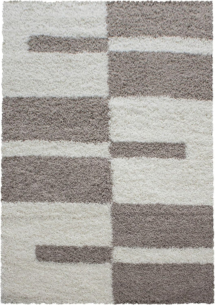 Carpetsale24 Teppich Wohnzimmer Moderne Kariert Design Shaggy Flokati 80 x 150 cm Beige-Creme - Hoch