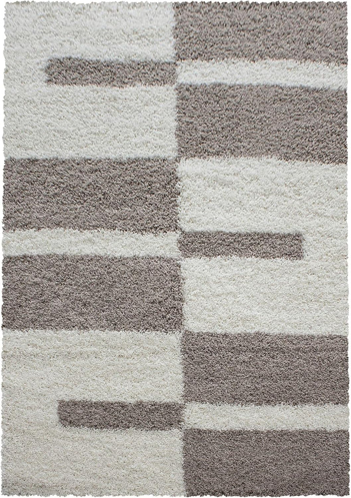Carpetsale24 Teppich Wohnzimmer Moderne Kariert Design Shaggy Flokati 80 x 250 cm Beige-Creme - Hoch